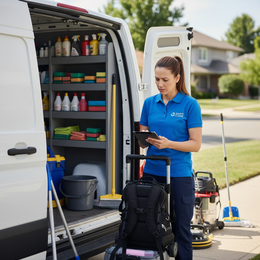 Schoonmaker bereidt apparatuur en planning voor
