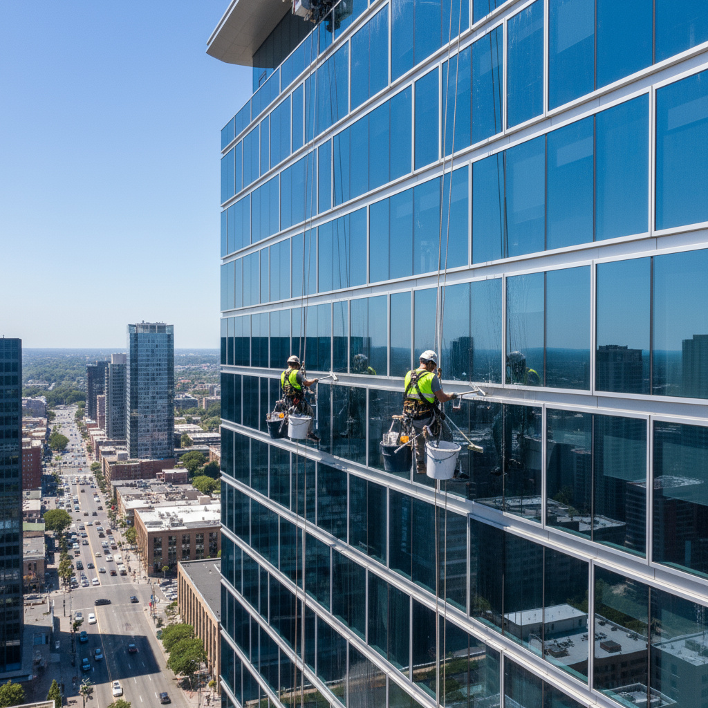 Ramenreiniging op hoogte bij kantoorgebouw